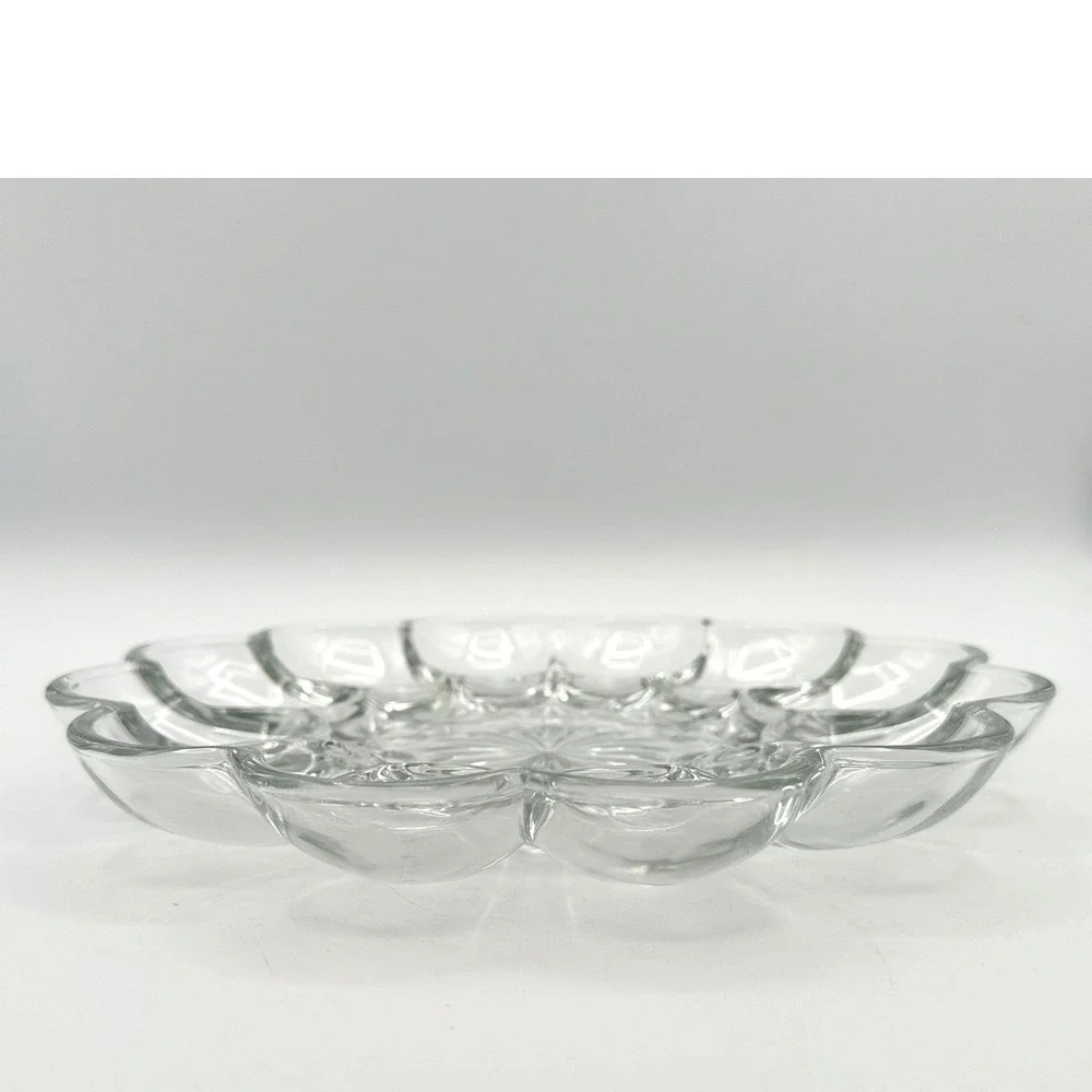 Vintage Anchor Hocking Deviled Egg Plate 10 Inch Clear Glass Scalloped Starburst